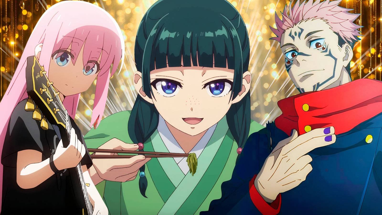 Collage image of Bocchi, Maomao, and Sukuna representing the best anime of the 2020s so far.