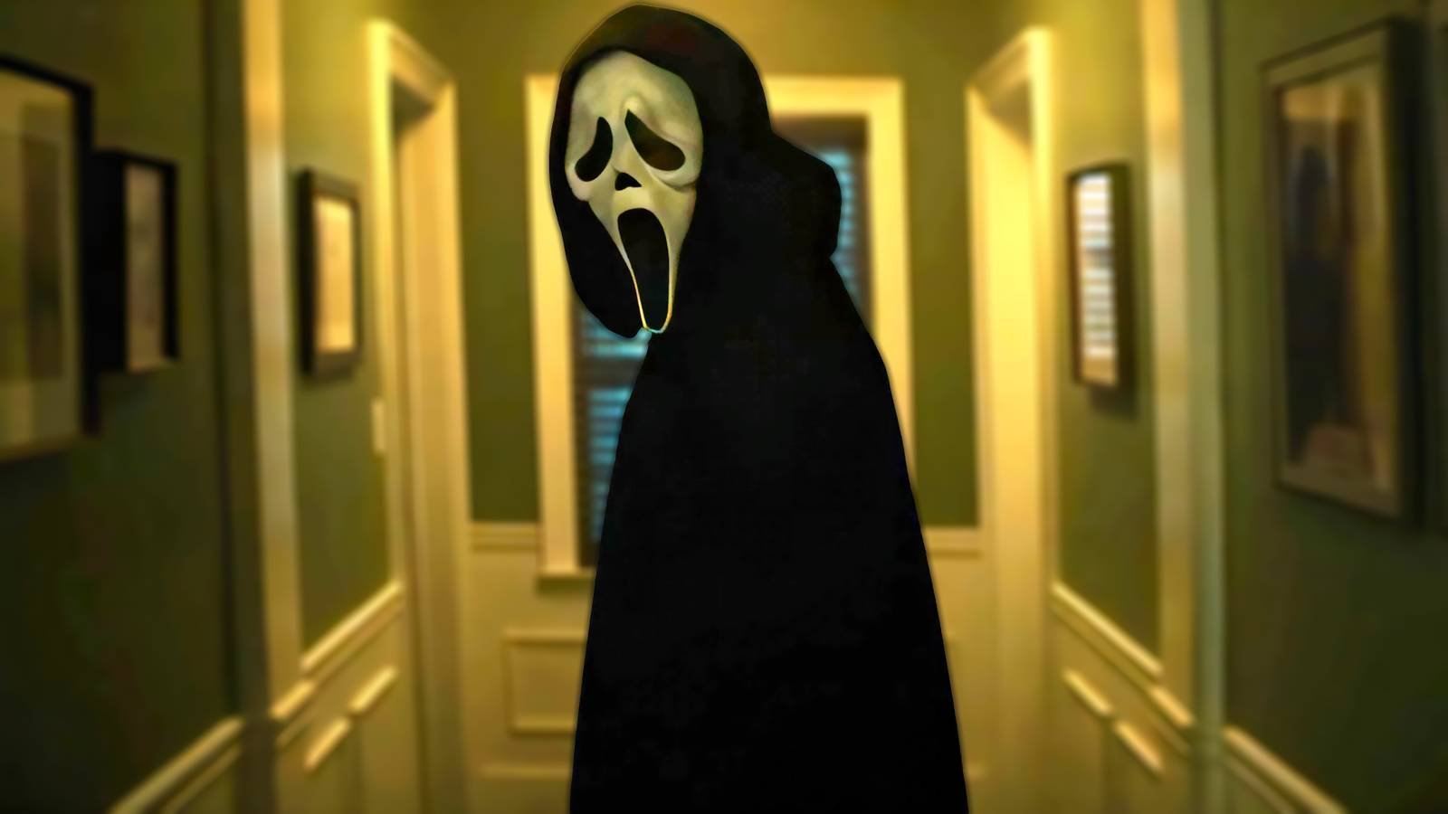 Ghostface looking over his shoulder in a hallway in Scream 7