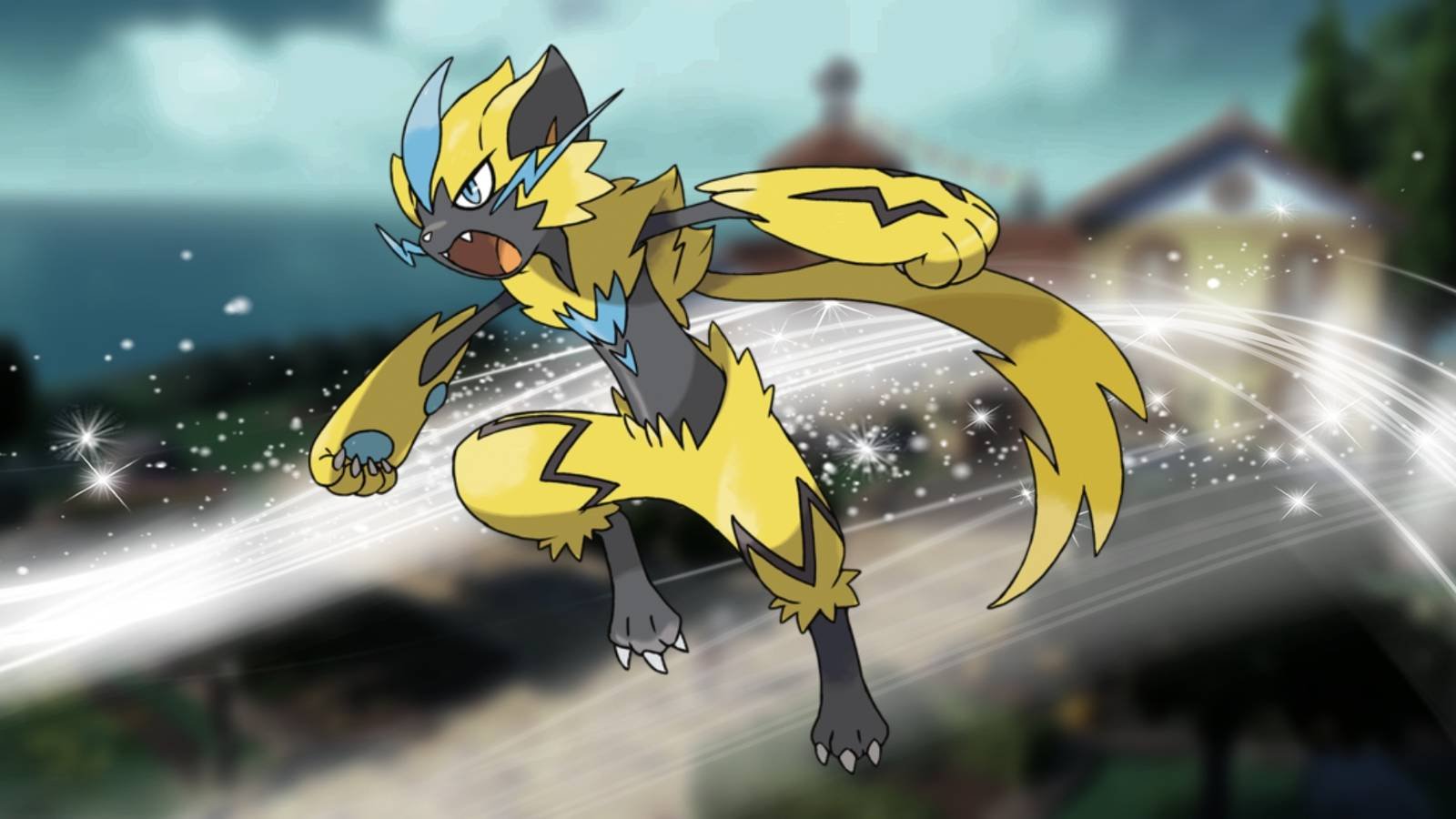 Pokemon's Zeraora in the middle. Behind it is a white flowing and sparkling effect.