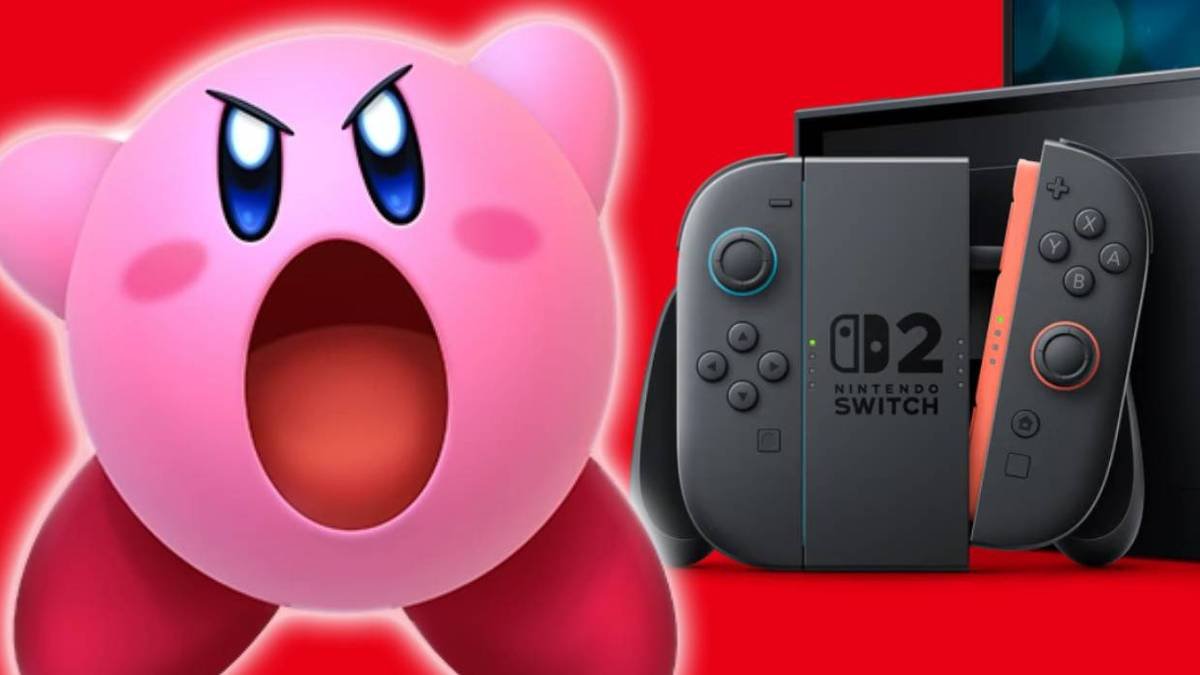 Nintendo Switch 2 with angry looking Kirby next to it