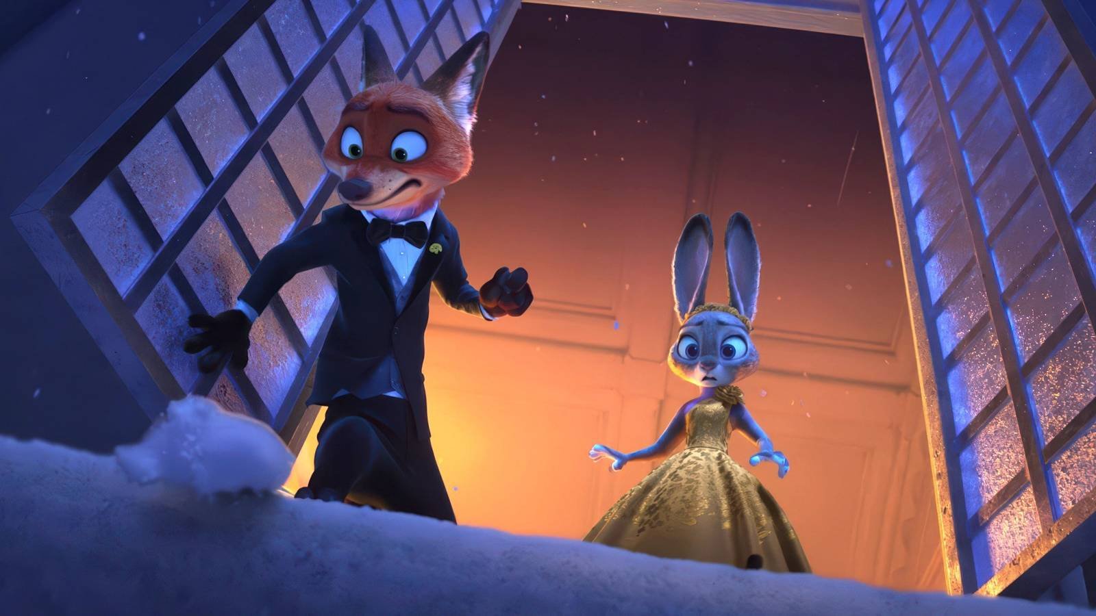 Nick Wilde (voice: Jason Bateman), Judy Hopps (voice: Ginnifer Goodwin) looking down with horrifi...