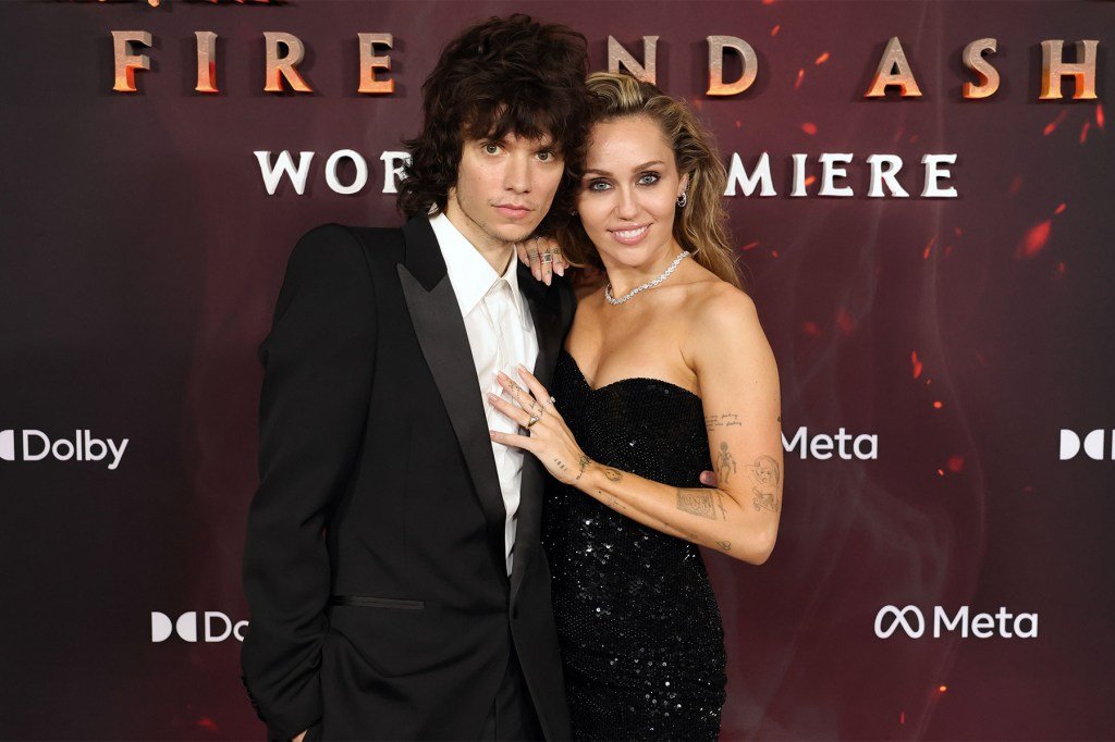Maxx Morando and Miley Cyrus attend the Global Premiere of 20th Century Studios' 