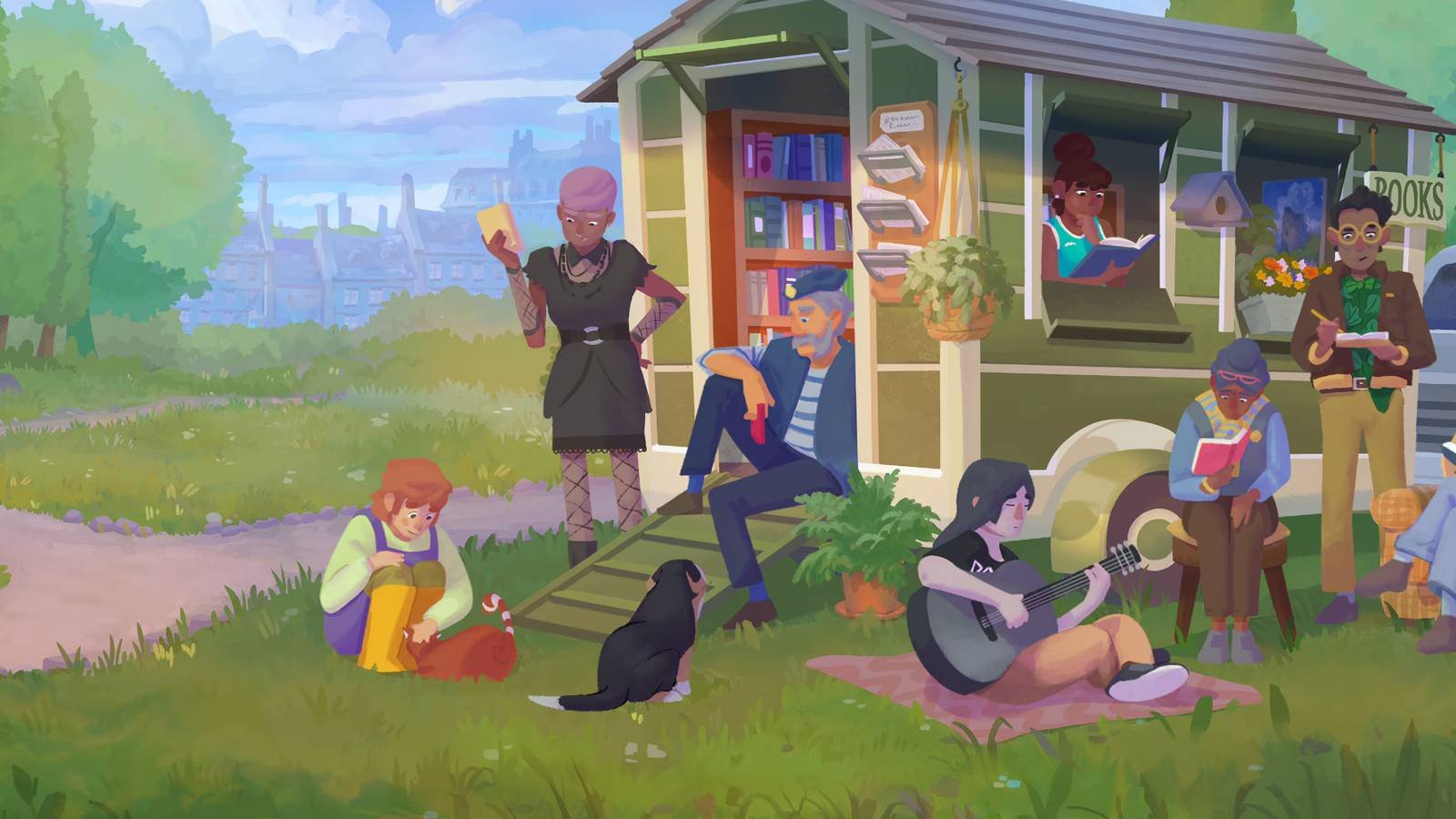 Tiny Bookshop characters sitting outside of the mobile store.