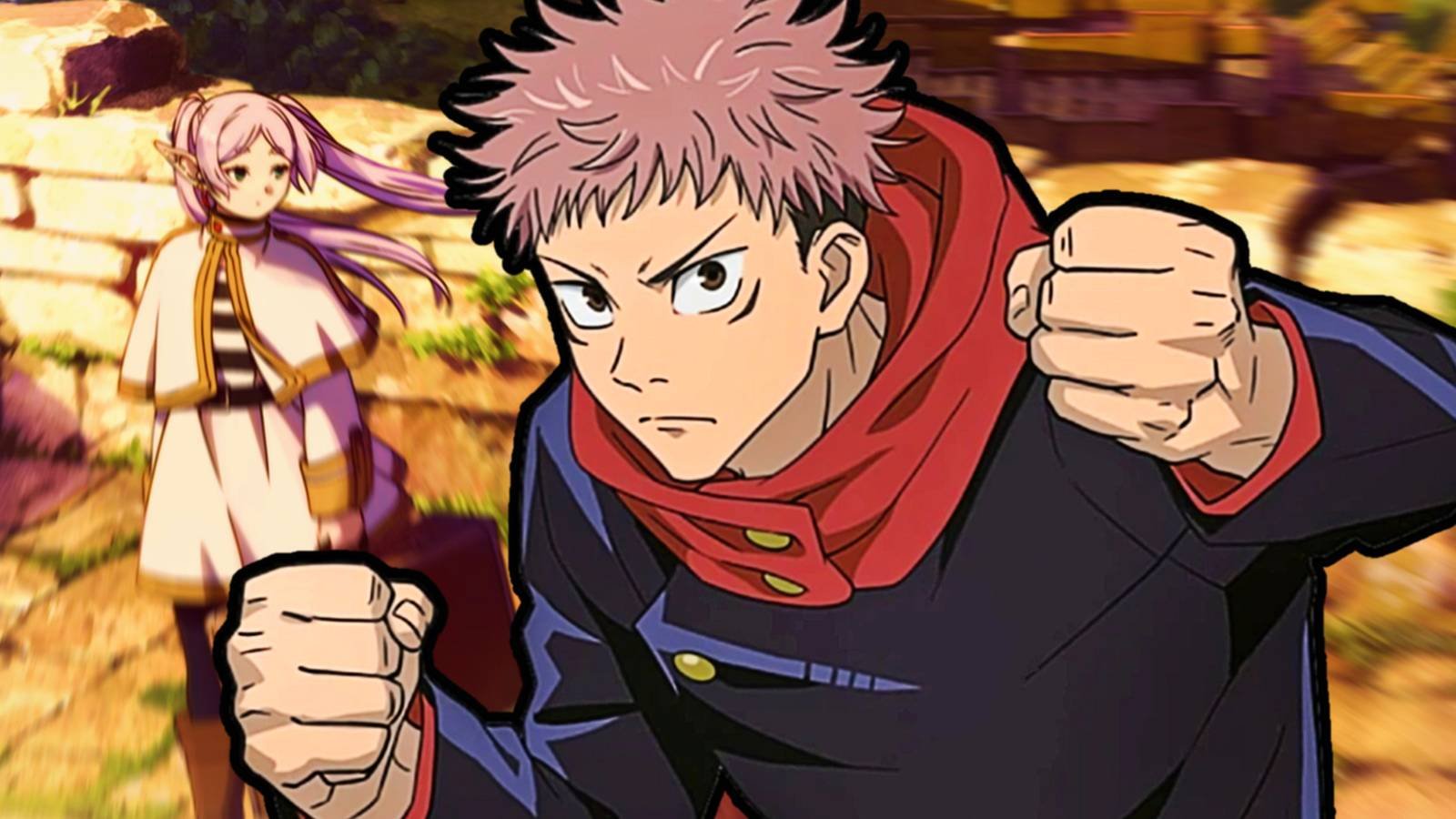Yuji from Jujutsu Kaisen in a fighting stance with Frieren looking on in the background.