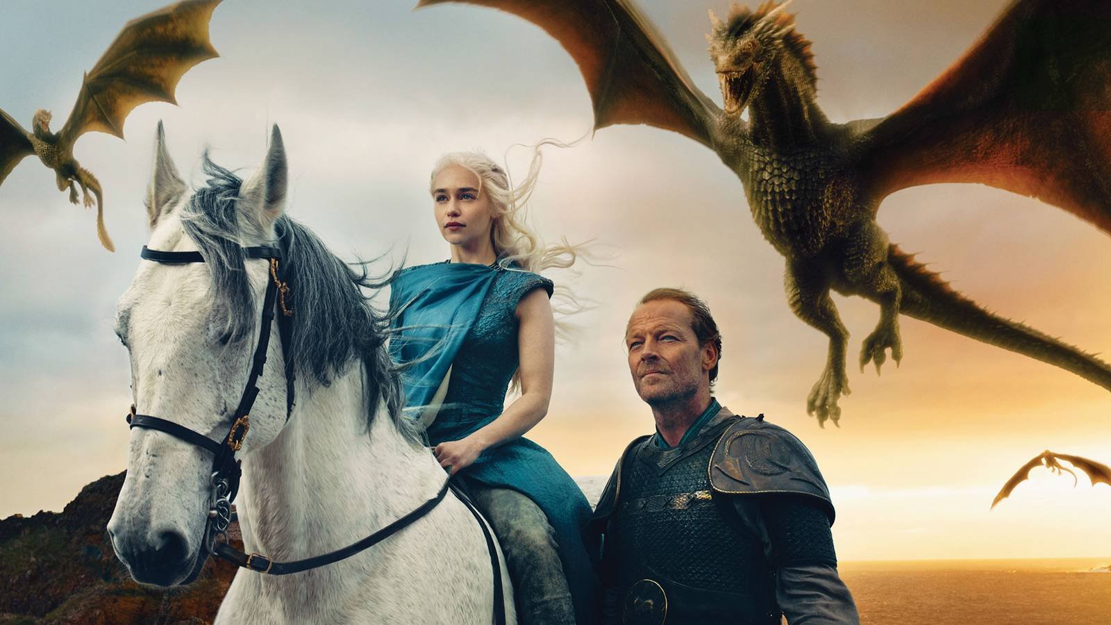 Promotional image with Daenerys and Mormont backed by a flying dragon in Game of Thrones