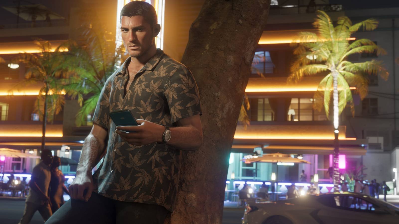 Jason uses his phone by a tree in GTA VI