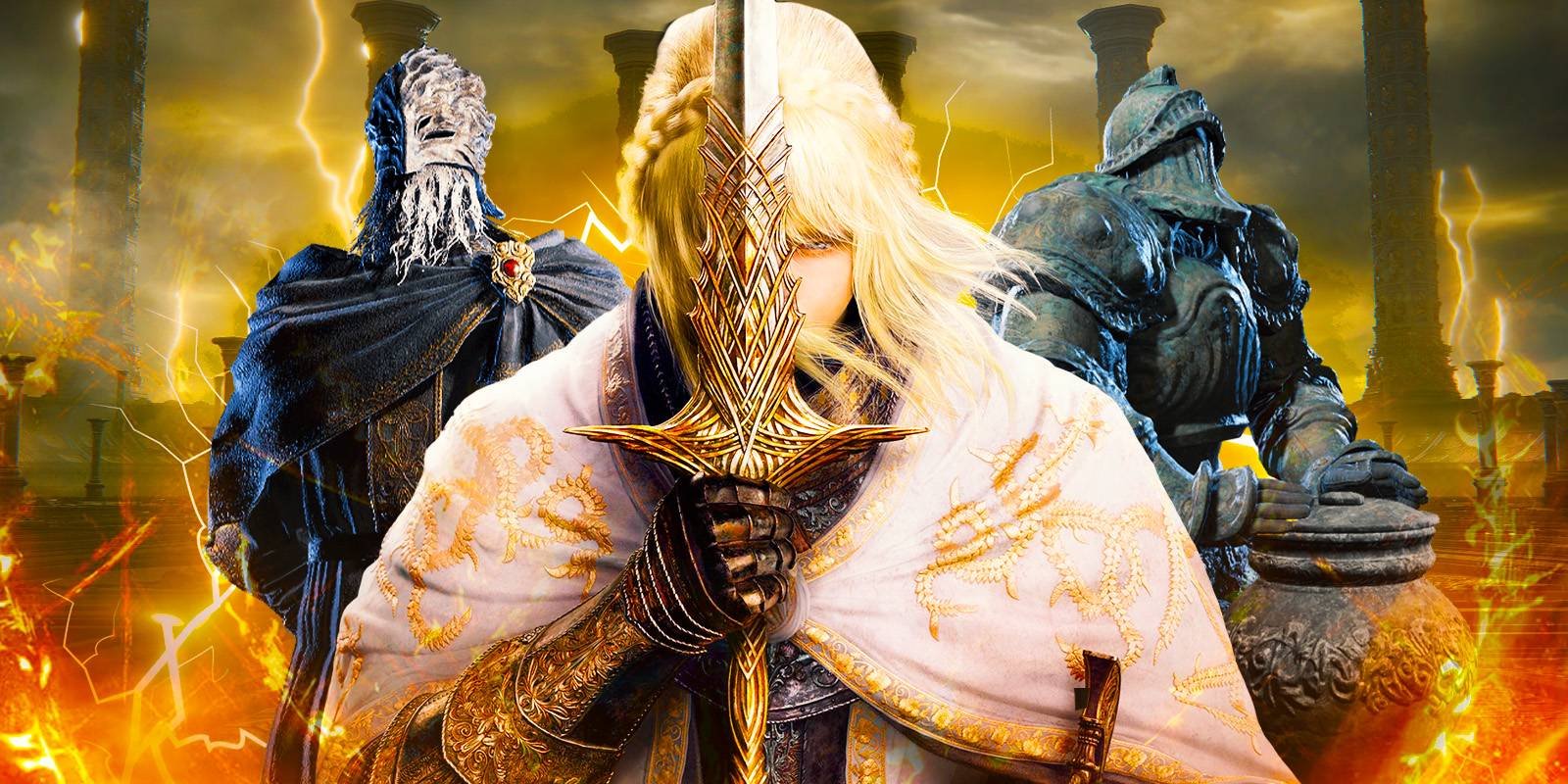 Needle Knight Leda with Ansbach and Moore from Elden Ring Shadow of the Erdtree with the arena.