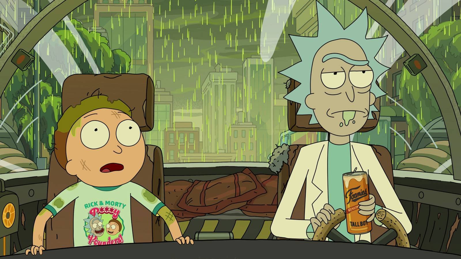 Rick holding a drink and Morty looking up inside a vehicle as it rains behind them in Rick and Morty