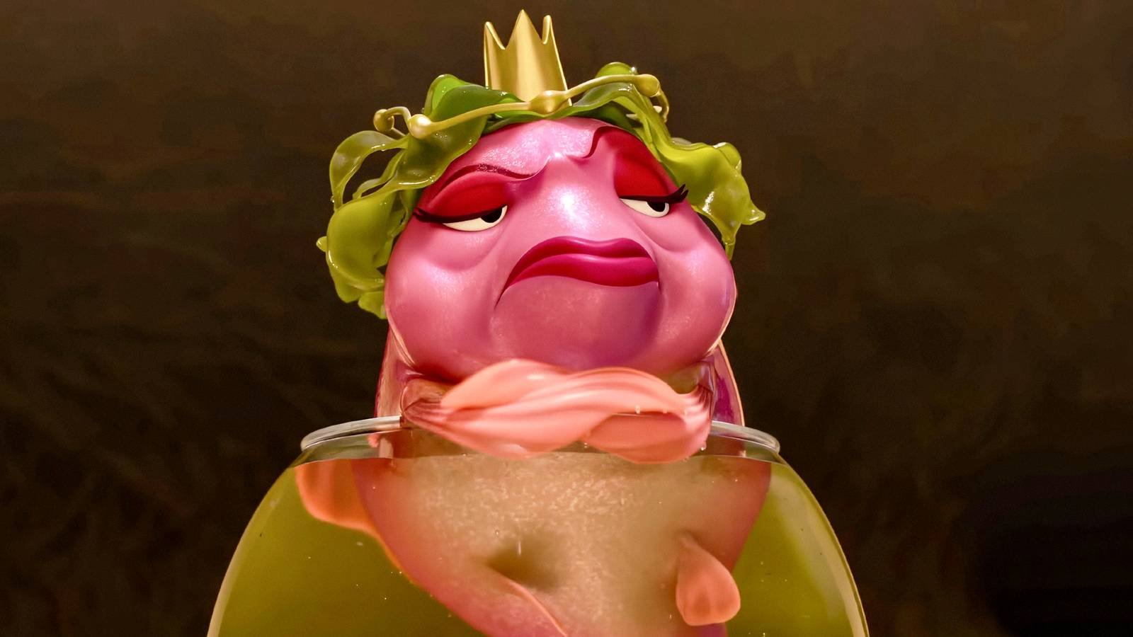 A fish with a crown crossing its arms suspiciously in Hoppers