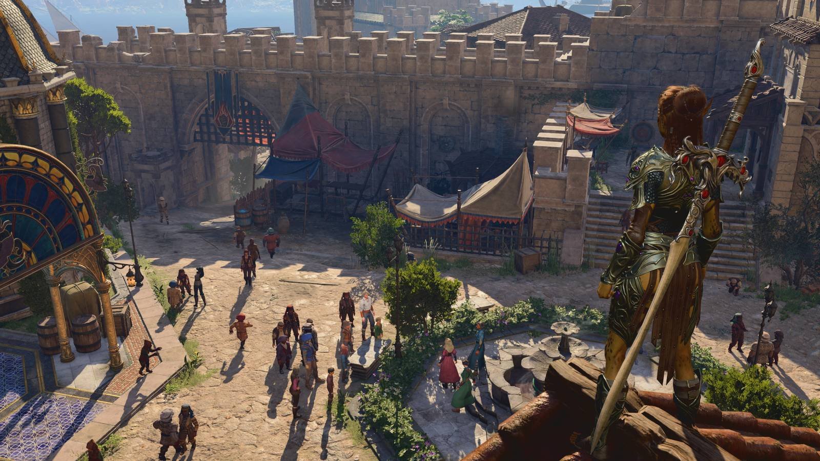 Baldur's Gate 3 Lae'zel Standing On Rooftop And Looking Down At Town Square In Baldur's Gate