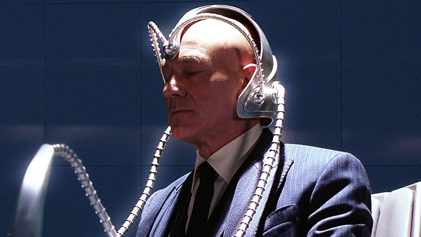 Charles Xavier wearing Cerebro from the Fox X-Men movies