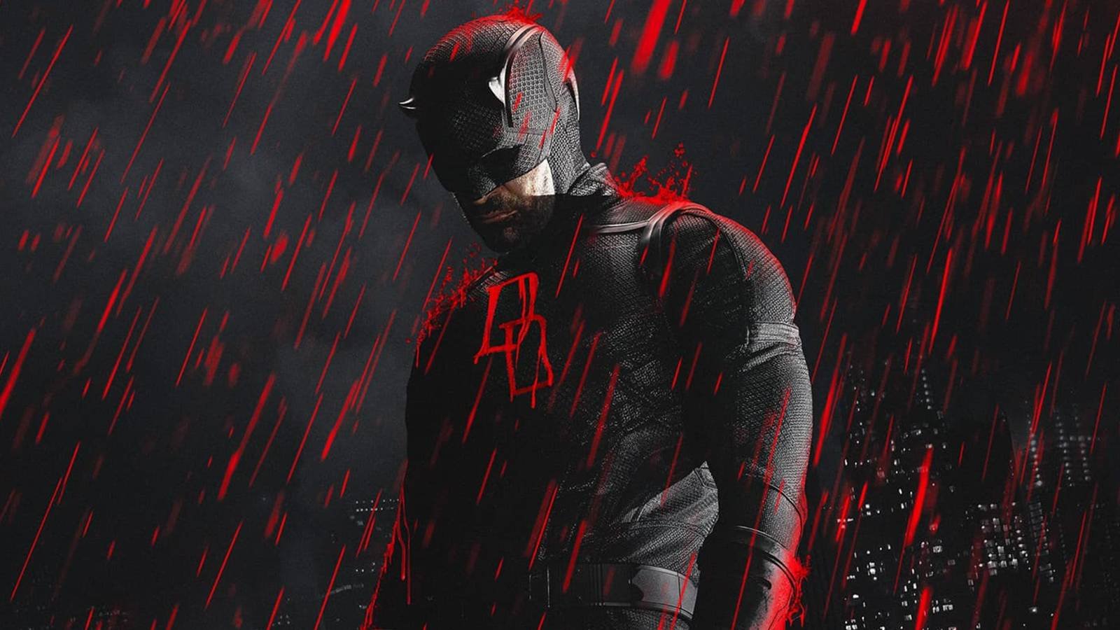 Charlie Cox as Daredevil with his black suit as red rain falls on him in Daredevil: Born Again se...
