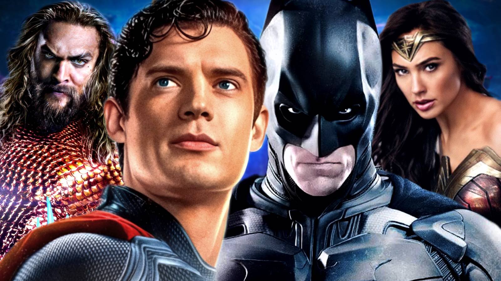 David Corenswet's Superman, Christian Bale's Batman, Gal Gadot's Wonder Woman, and Jason Momoa's ...