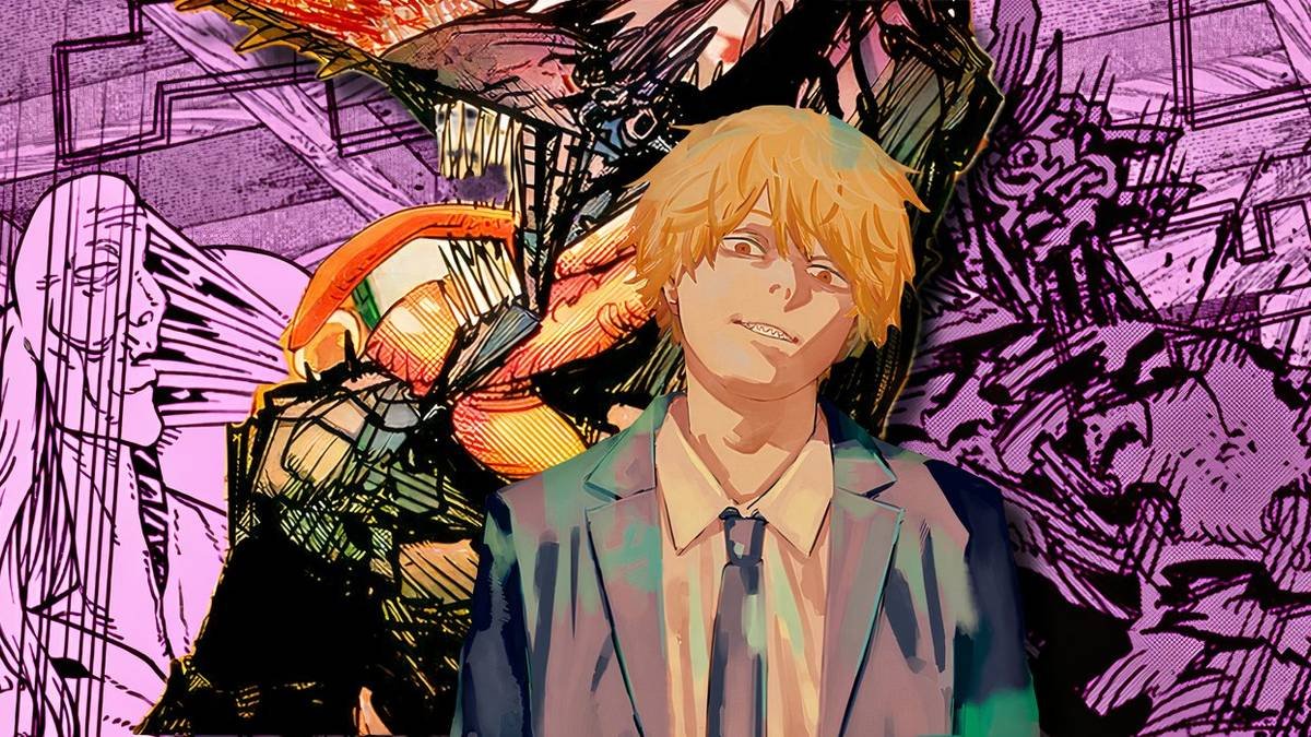Denji and Pochita in front of a panel featuring Aging Devil from Chainsaw Man Chapter #187.
