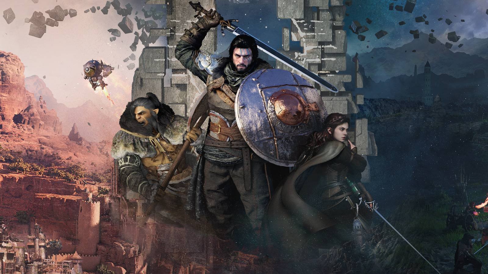 Key art from Crimson Desert shows Kliff, flanked by Oongka and Damiane, posing with their weapons...