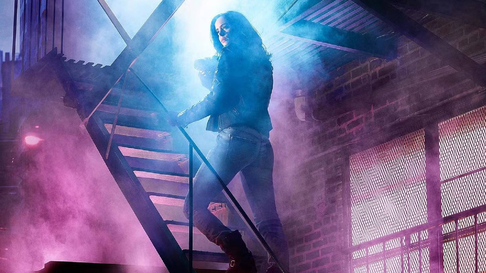 krysten ritter's jessica jones on a foggy fire escape