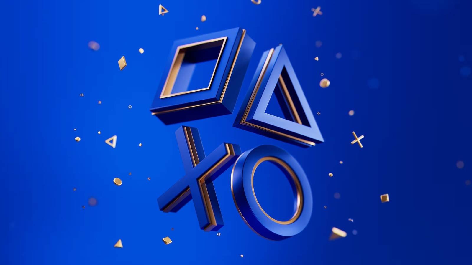 Blue and gold PlayStation controller button icons on a royal blue background.