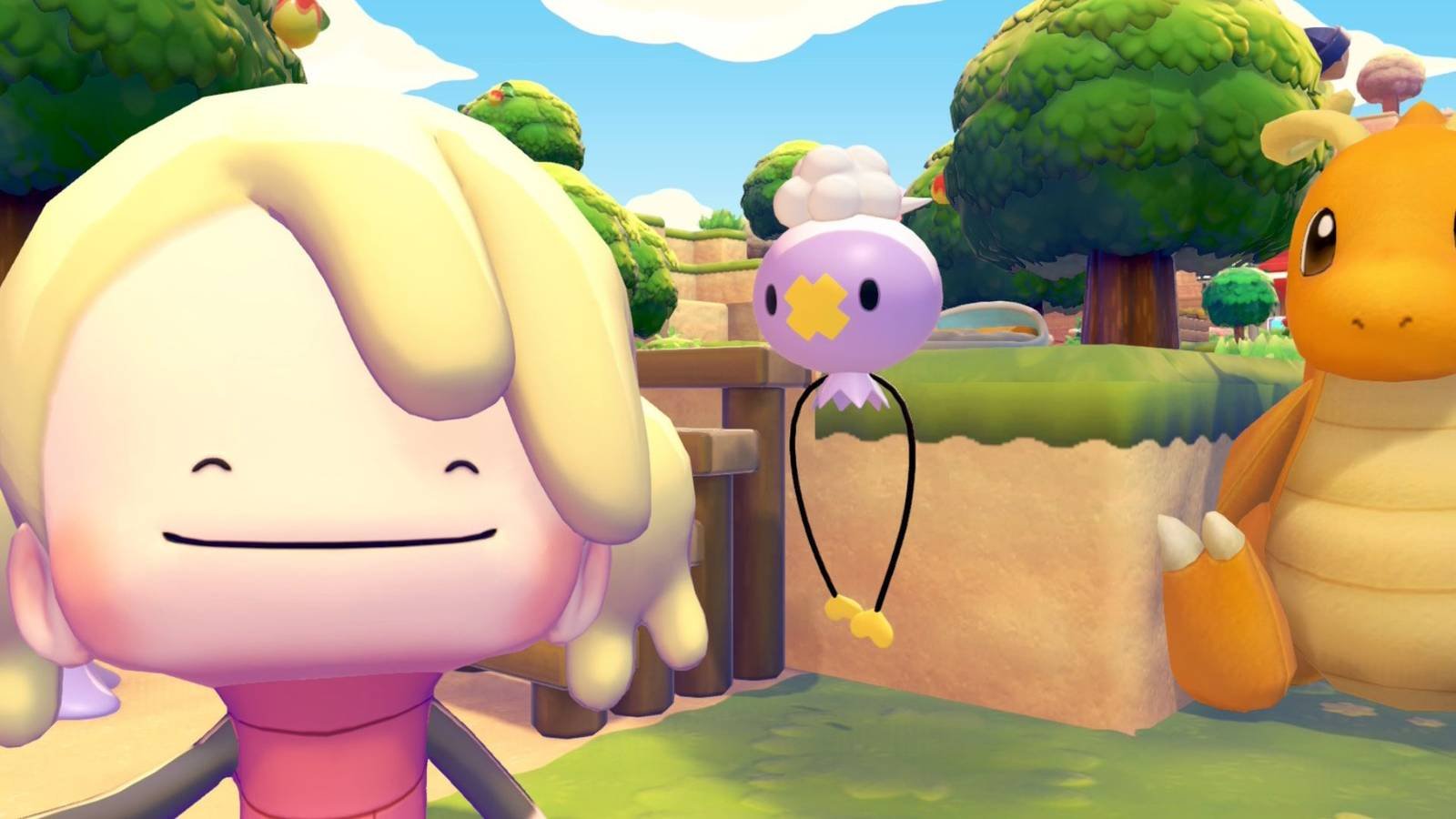 Pokemon Pokopia player character taking a selfie with Drifloon and a Dragonite doll