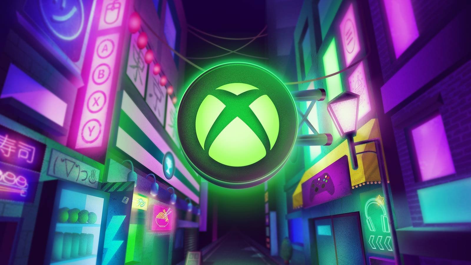 A neon Xbox logo shines among other neon signs in a dark alley.