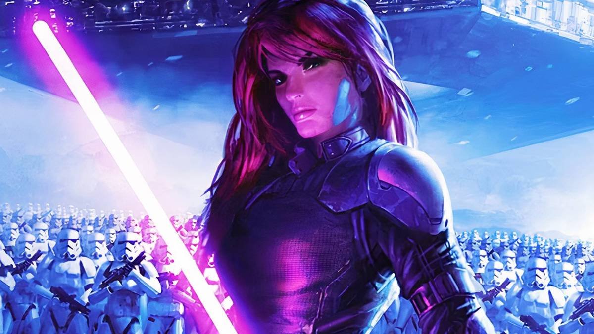 Star Wars Legends' Mara Jade with an army of Stormtroopers behind her.