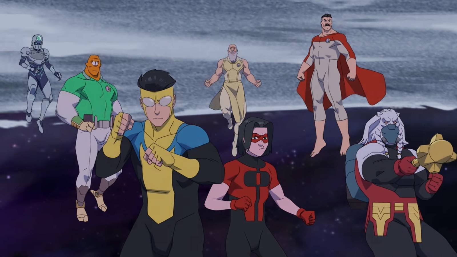 Tech Jacket, Allen, Mark, Thaedus, Oliver, Omni-Man, and Battle Beast preparing for battle in Inv...