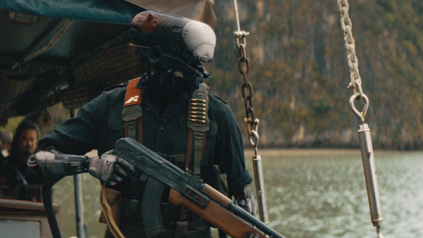 A soldier carrying a gun in The Creator