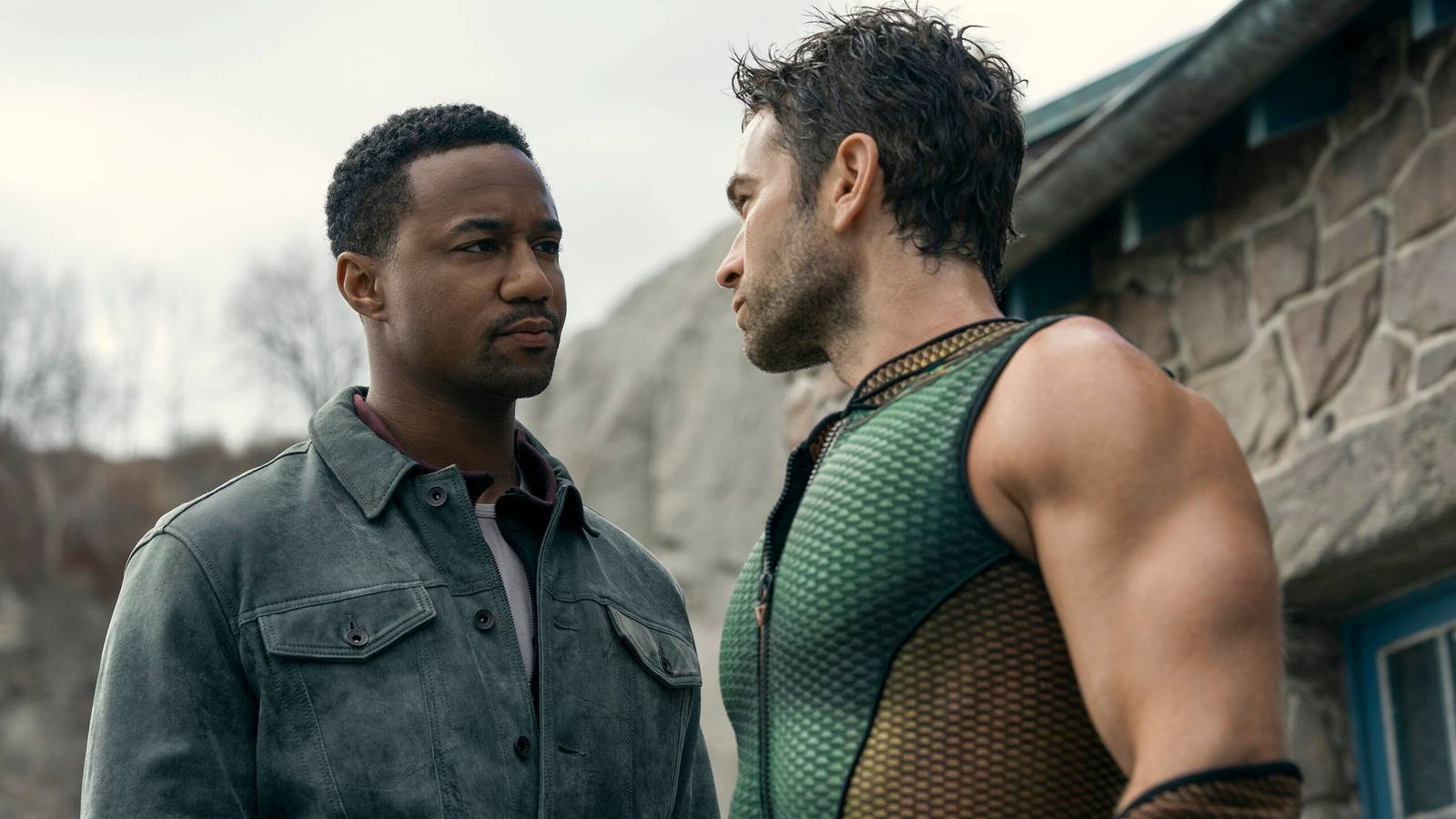 A-Train (Jessie T. Usher) and The Deep (Chace Crawford) facing off against each other in The Boys...
