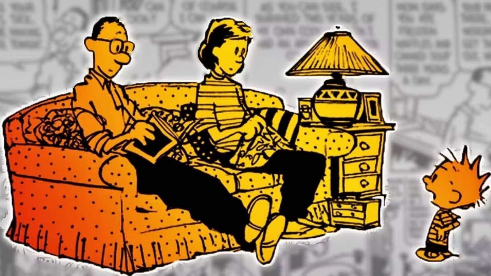 Calvin talks to his parents (foreground) against a backdrop of comic panels