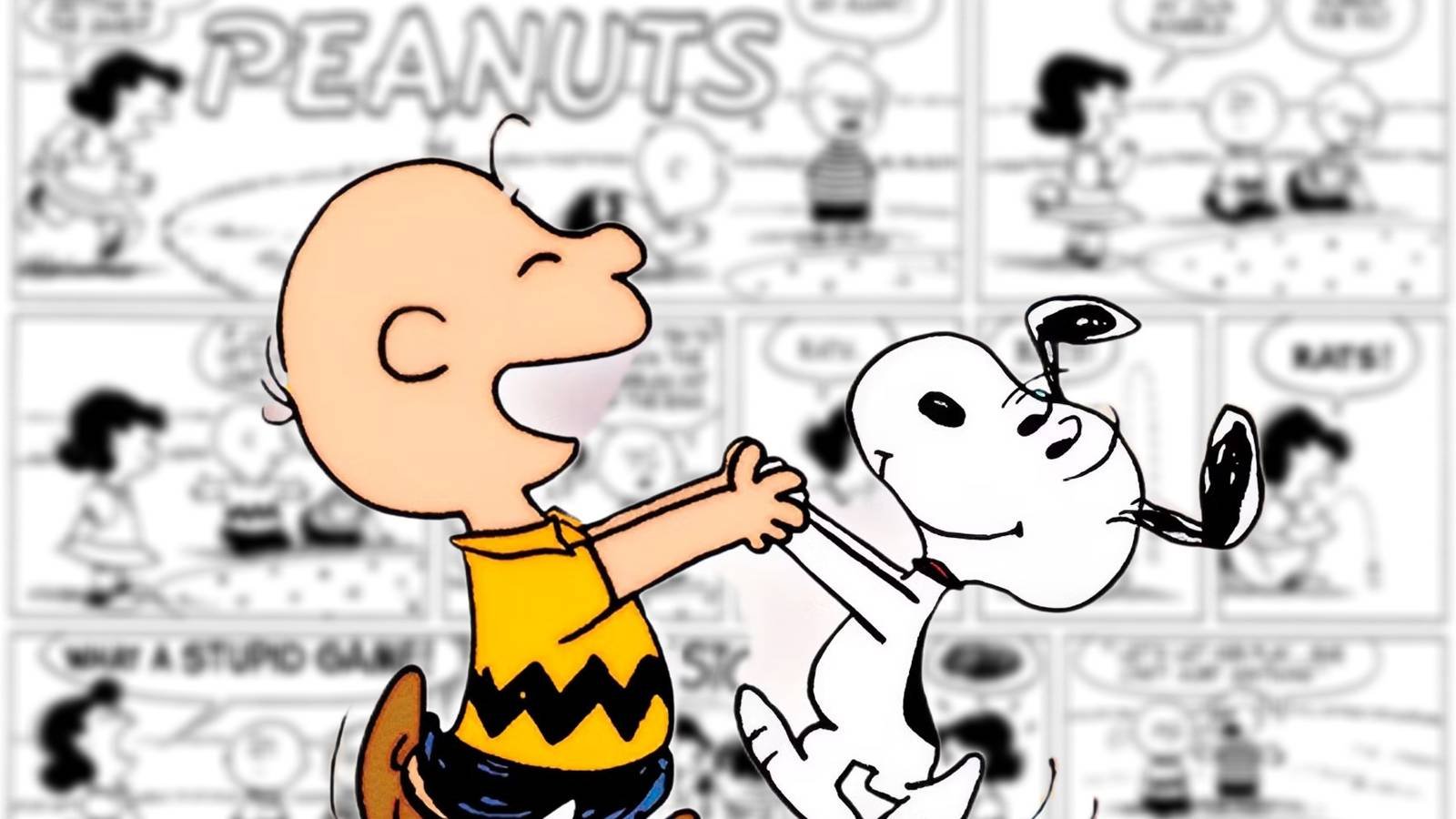 Charlie Brown and Snoopy dancing (foreground) with a Peanut strip in the background