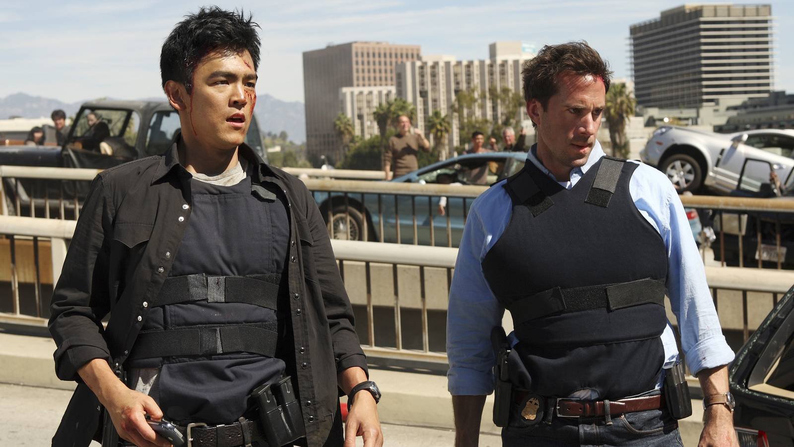 FlashForward still featuring Joseph Fiennes as Mark Benford and John Cho as Demetri Noh in riot g...
