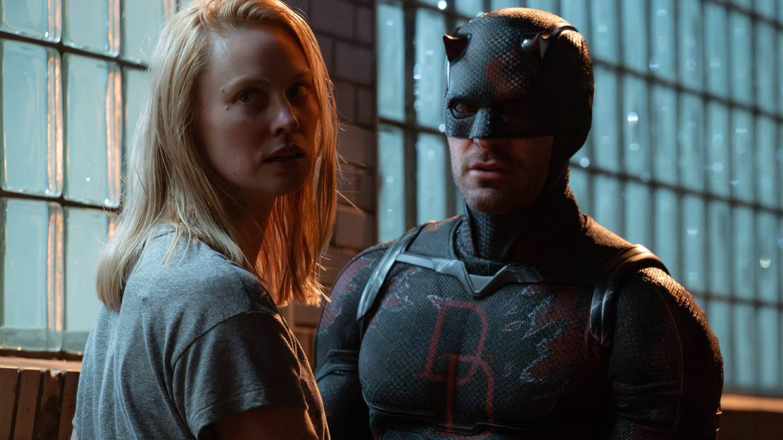 Karen Page looking back and Daredevil confused in Daredevil: Born Again season 2