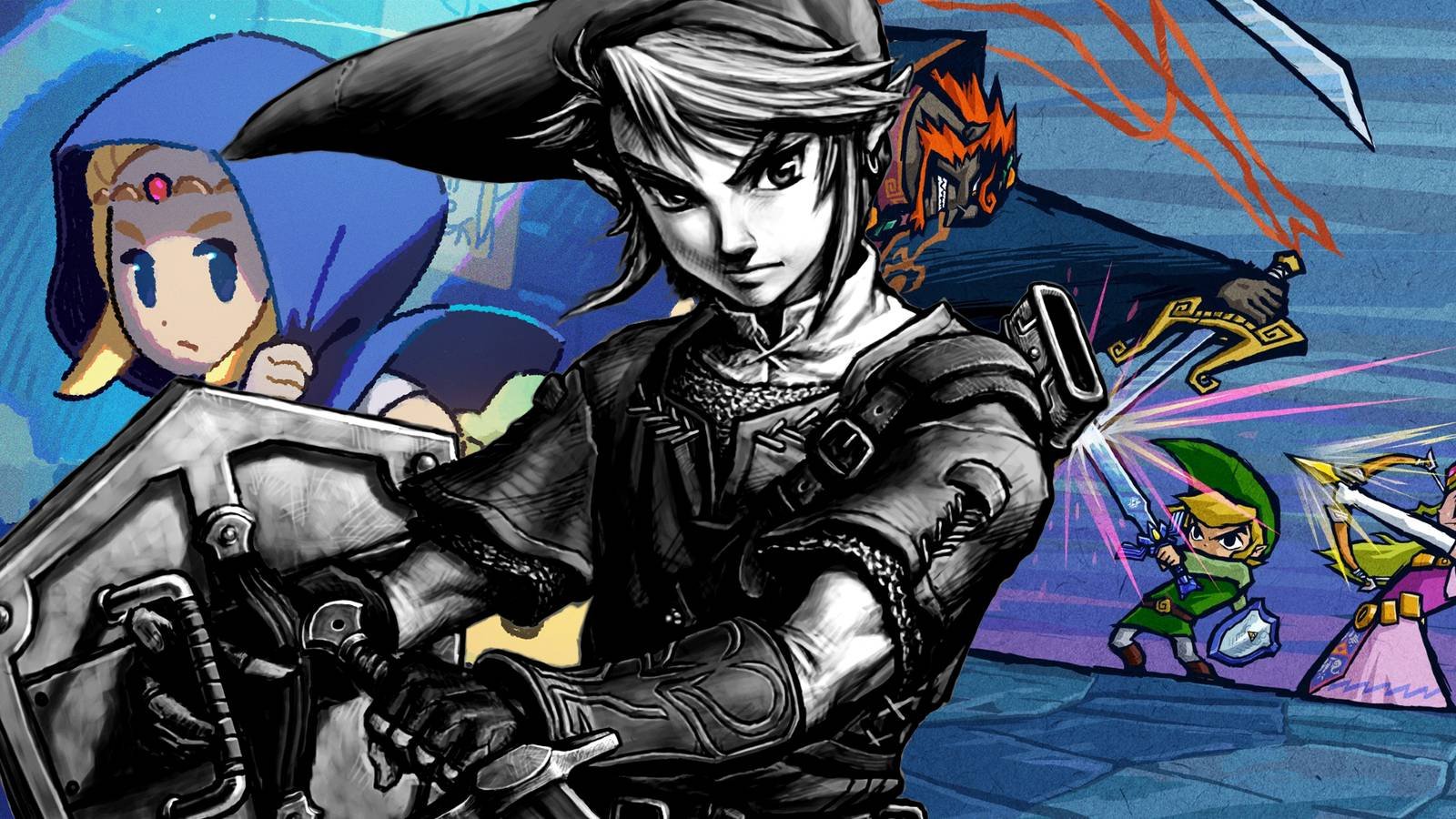 Link in black and white over artwork of Zelda in Echoes of Wisdom and the final fight in The Wind...