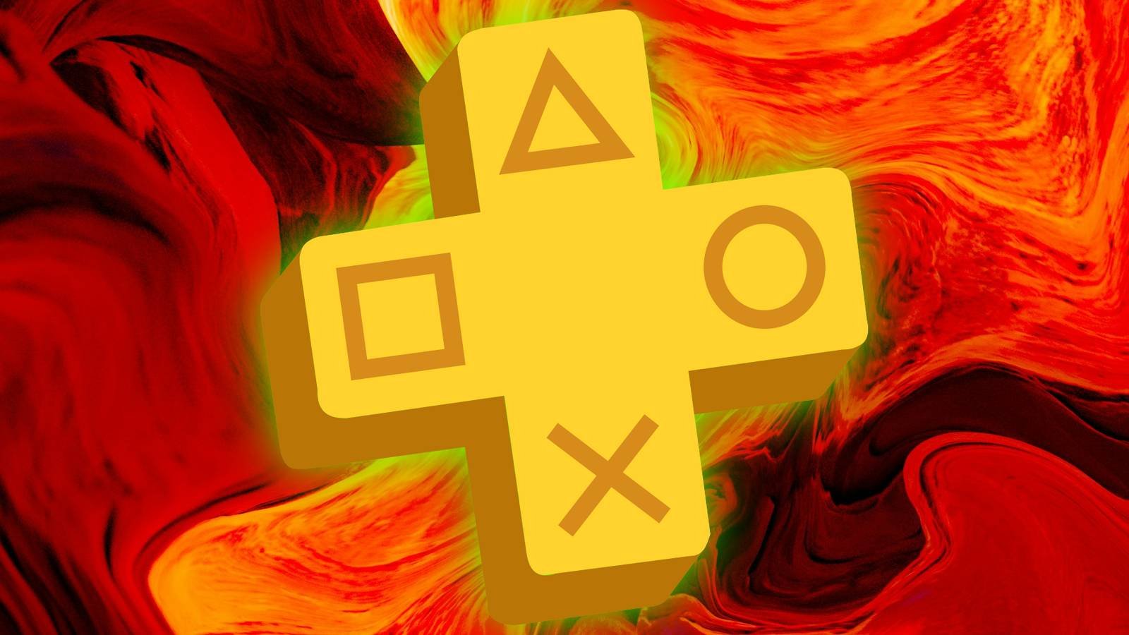 The PlayStation Plus logo is superimposed over a red swirling background.