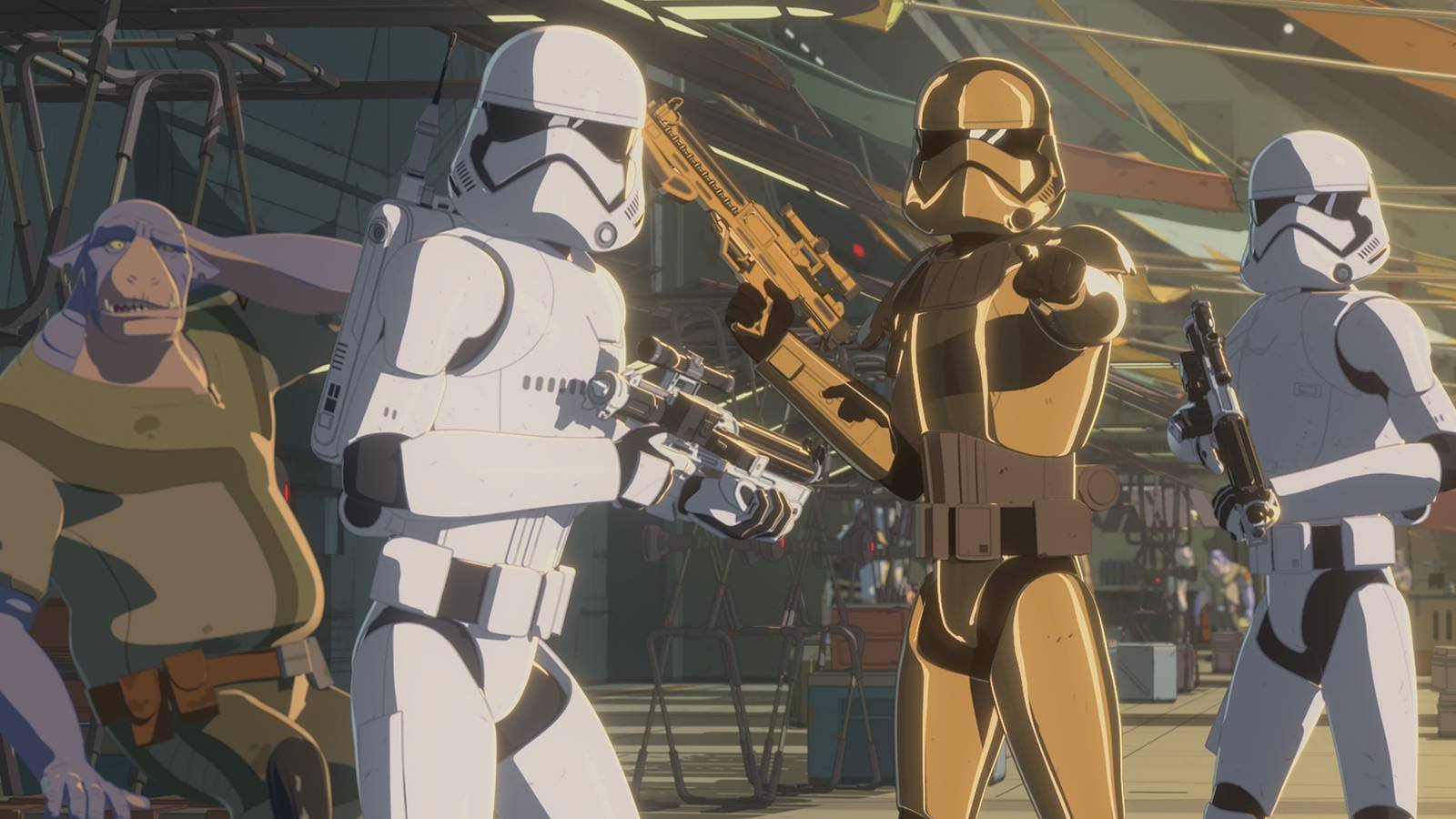 Armed white and gold Stormtroopers in Star Wars: Resistance
