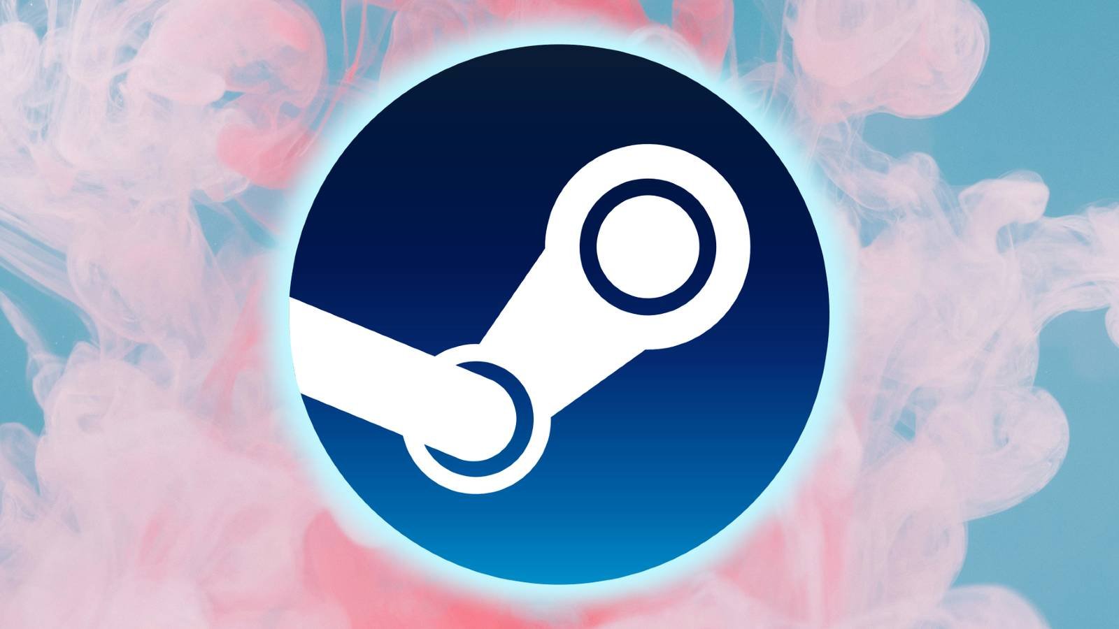 The Steam logo is superimposed over an image of pink smoke against a light blue background.