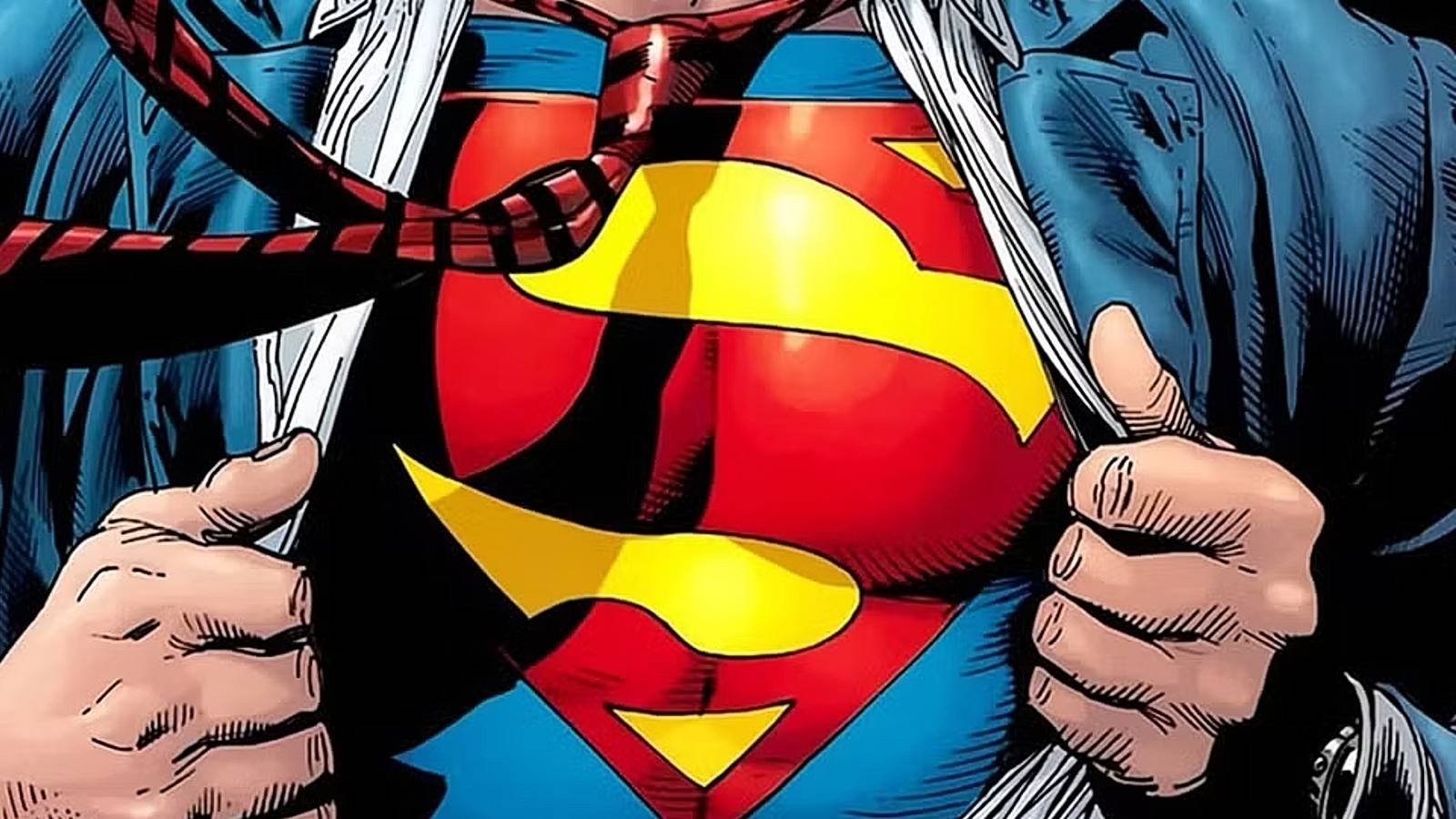 superman showcasing his iconic logo
