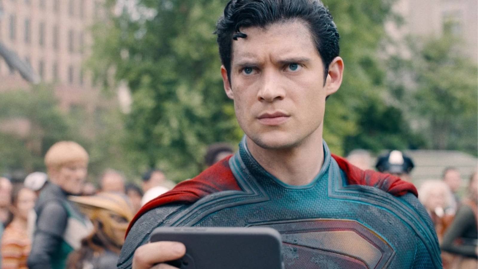 David Corenswet as Superman looking concerned