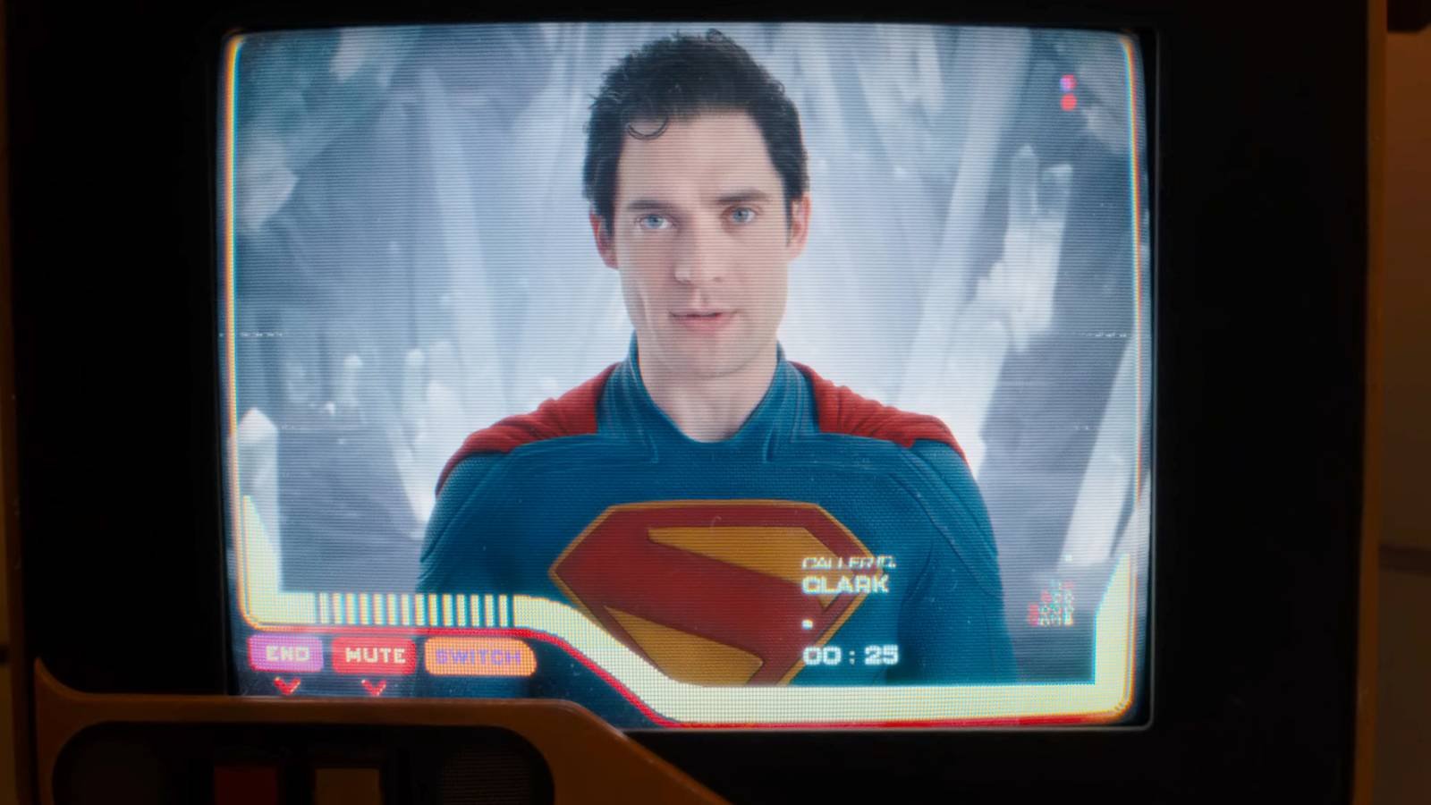 David Corenswet as Superman on a video call in Supergirl
