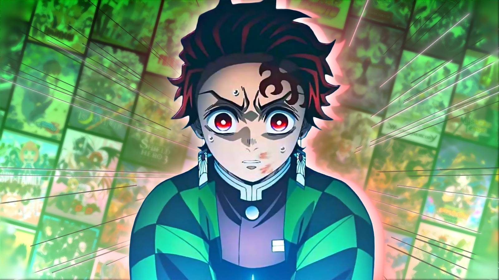 Demon Slayer: Infinity Castle's Tanjiro looking worried with anime library behind him.