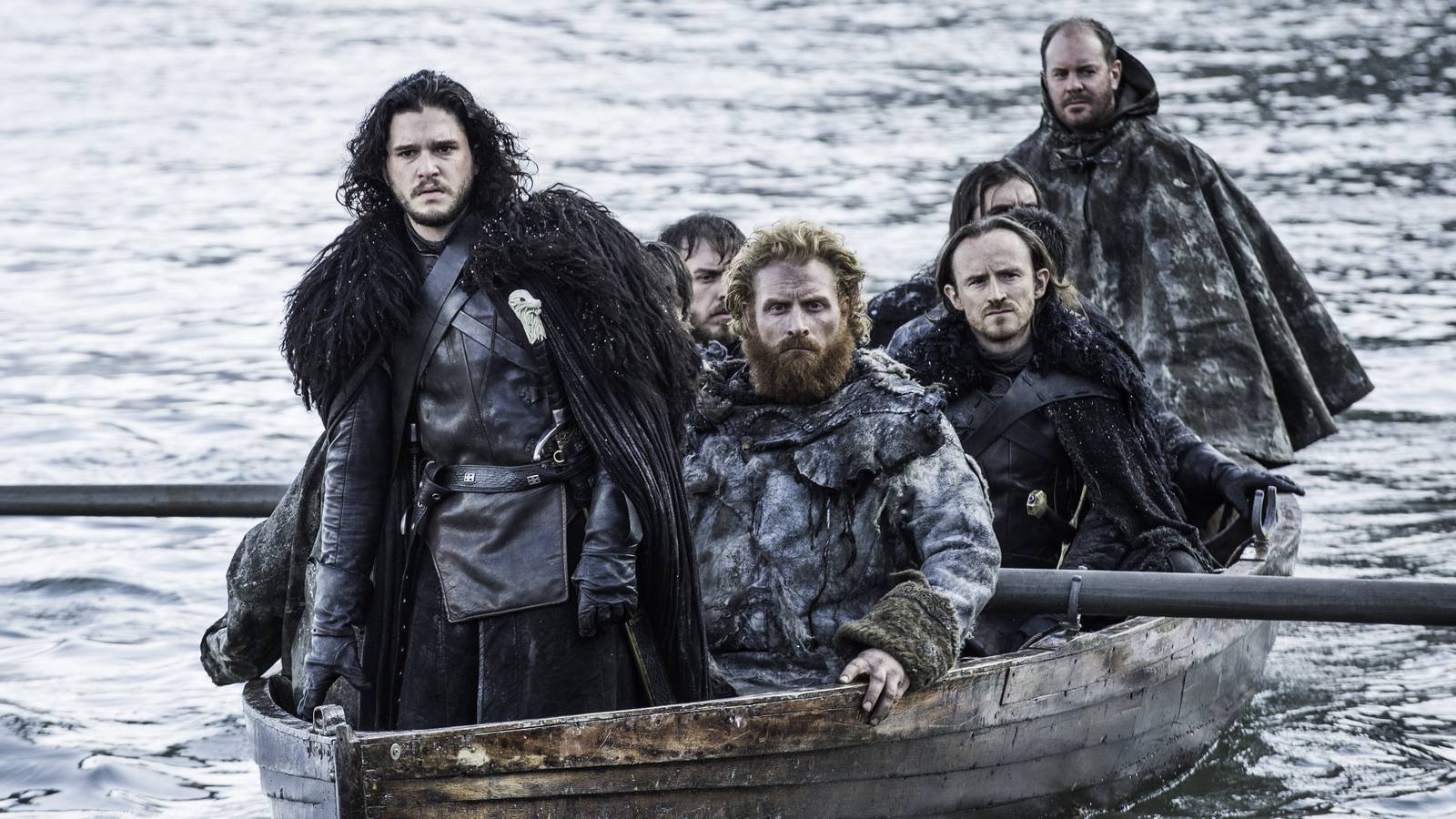 Jon Snow, Tormund Giantsbane, and Dolorous Edd sailing on a boat into Hardhome in Game of Thrones...