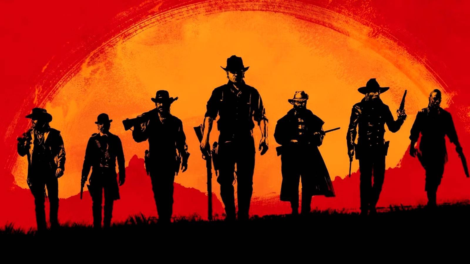 The cast of characters from key art in Red Dead Redemption 2.