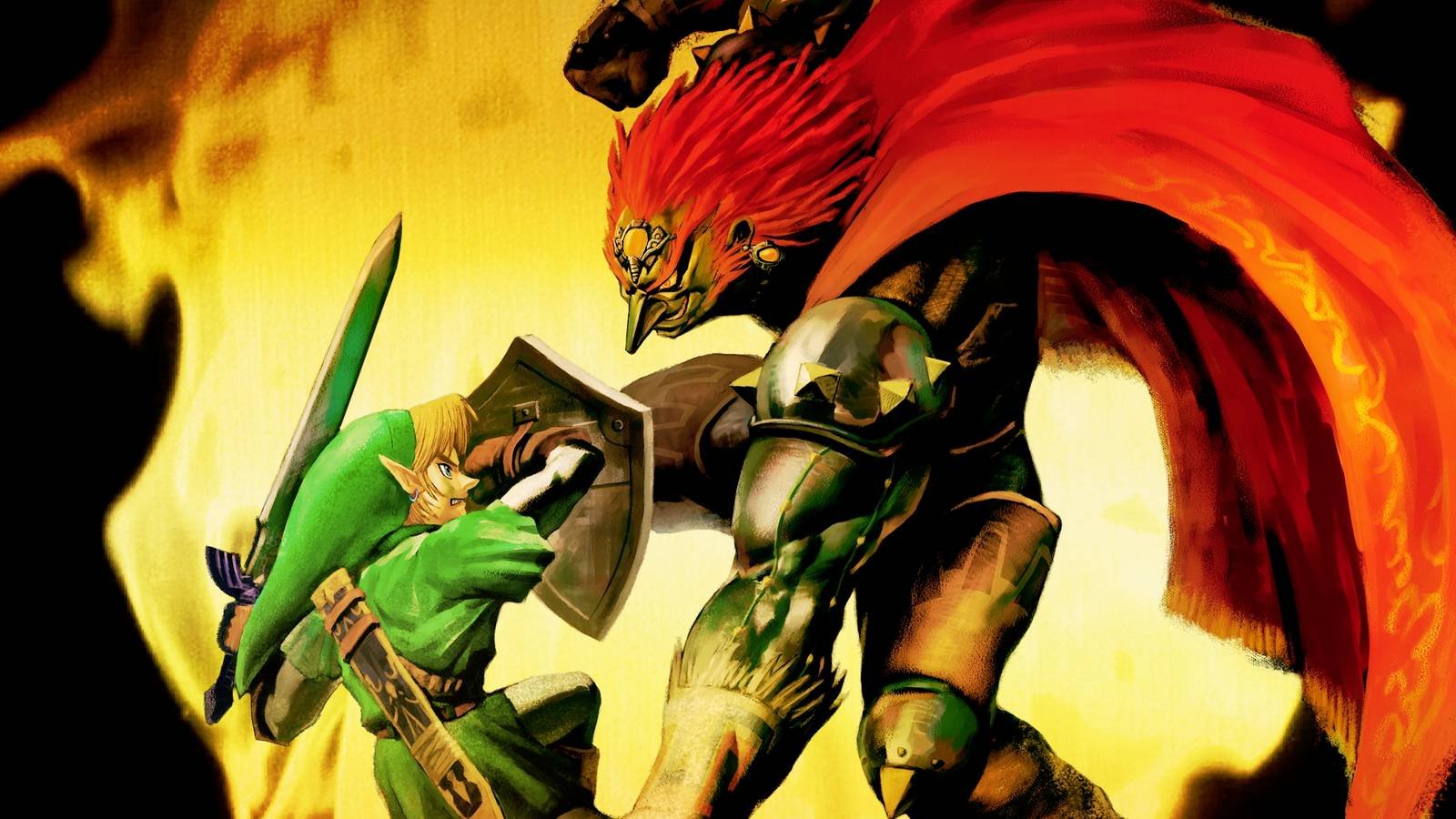 Ocarina of Time 3D artwork showing Link and Ganon fighting, with nondescript gold flames in the b...