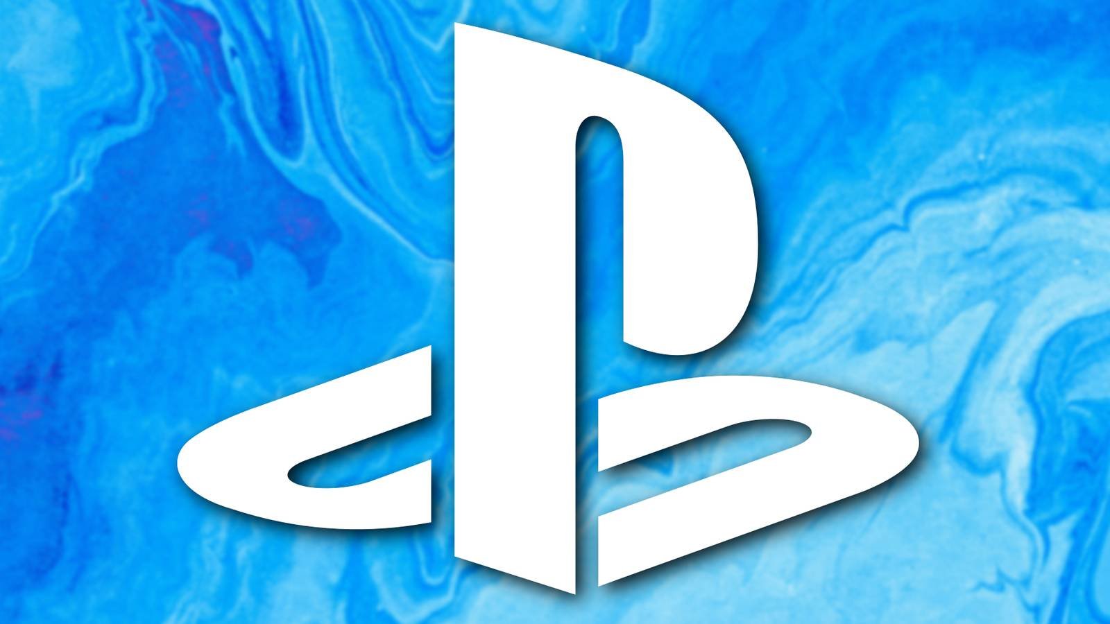 A white PlayStation logo floats above light blue artwork.