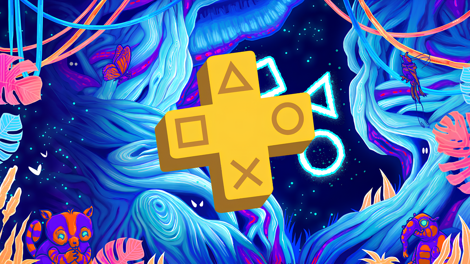 The PlayStation Plus logo in front of psychedelic artwork