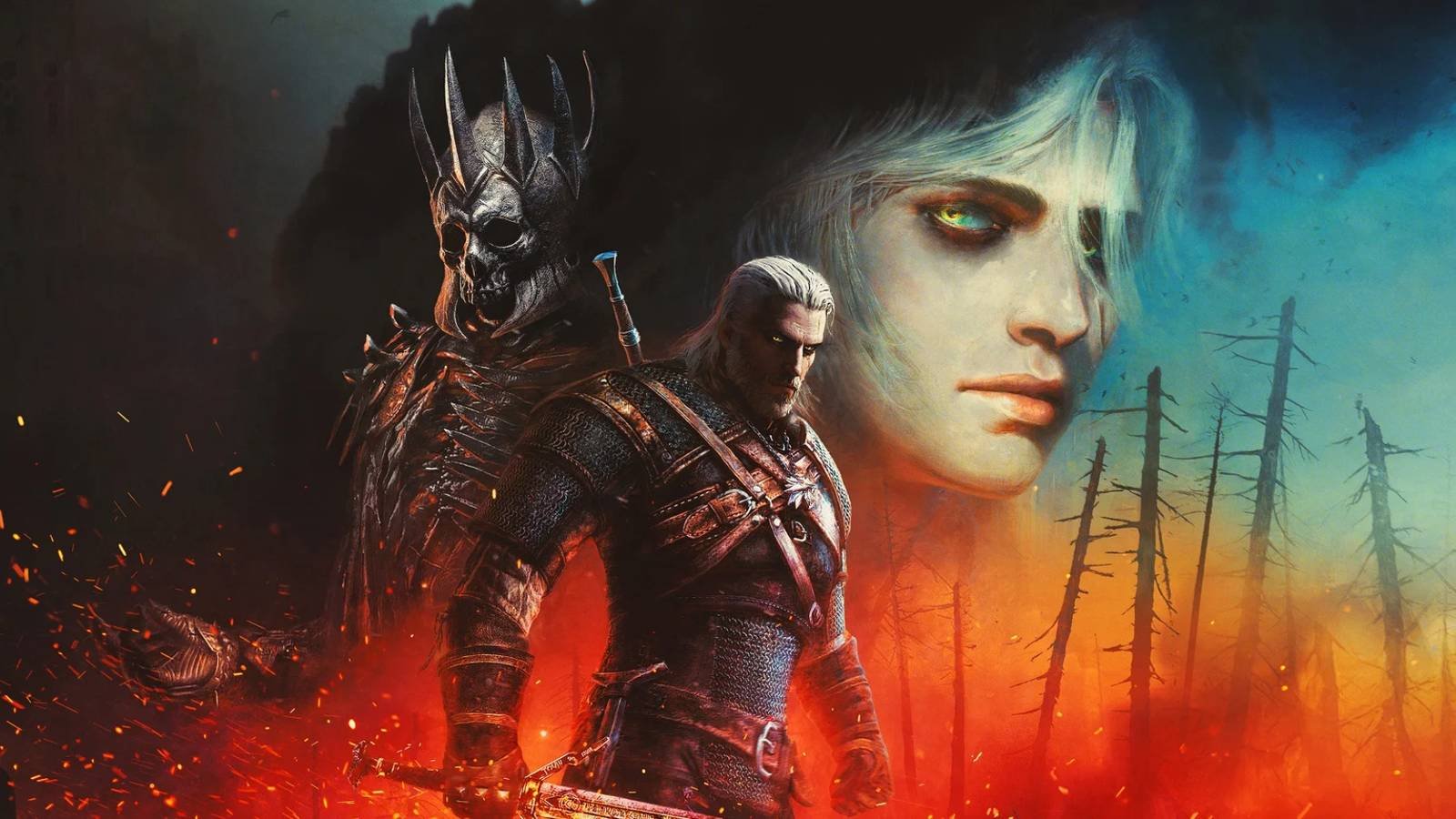 The Witcher 3 art shows Geralt in the forest, with specters of Eredin and Ciri looking down.