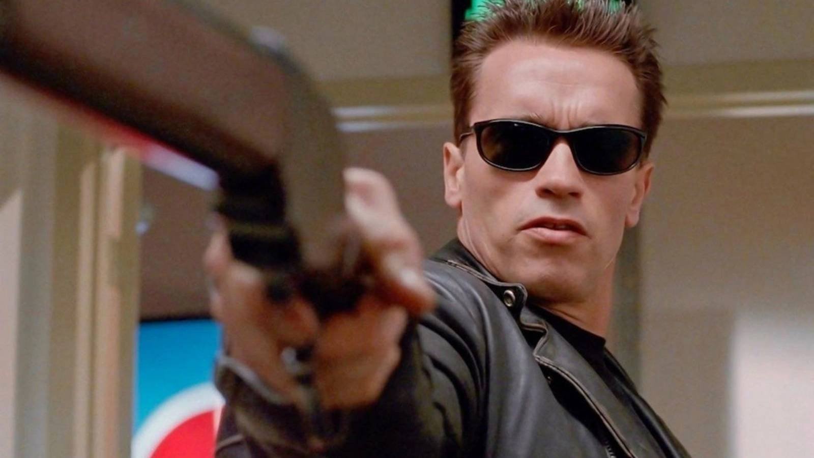 Arnold Schwarzenegger as the Terminator with a gun