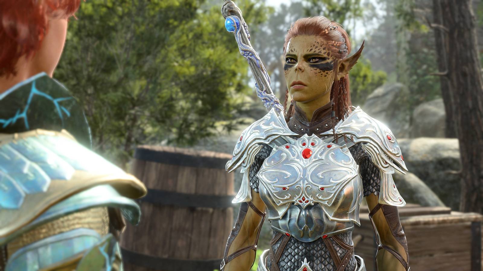 Baldur's Gate 3 Player Chatting To Lae'zel At Sword Coast Forest Camp During Daytime