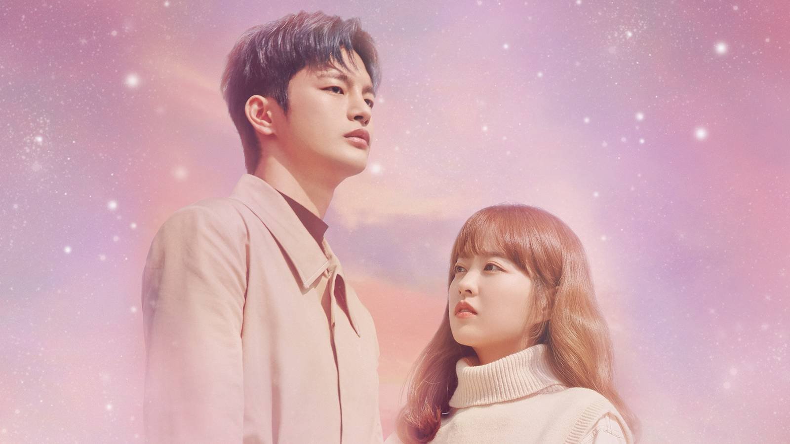 Seo In-guk and Park Bo-young standing in front of a celestial pink background in the fantasy K-dr...