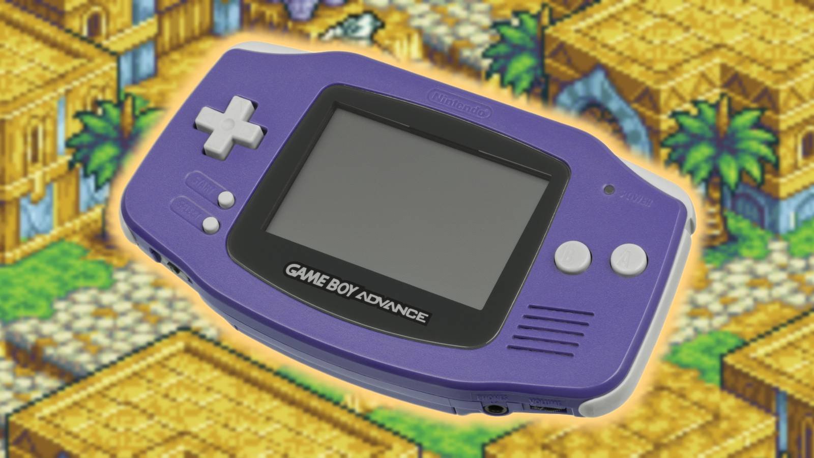 The Game Boy Advance is superimposed over an image of an area in Final Fantasy Tactics Advance.