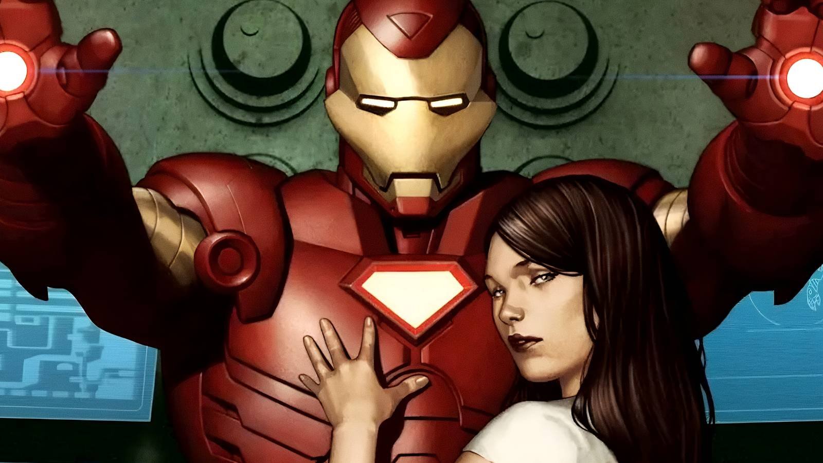 Maya Hansen embraces a suited-up Iron Man in Marvel Comics
